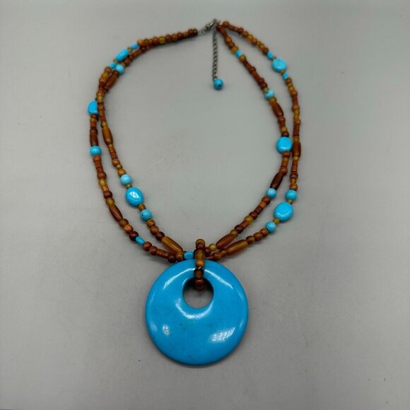 3/$30 Stone Pendant Necklace Blue Brown Beaded Natural Earthy Boho 20 in - Picture 7 of 13